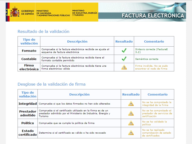 comprobación de incidencias en formato incorrecto de factura